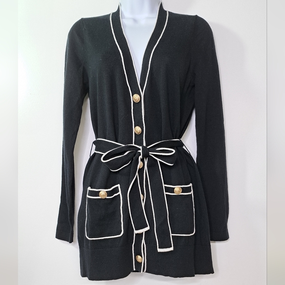 L'AGENCE Black and White Ronny Piped Wool and Cotton Cardigan Size XS - Picture 2 of 12